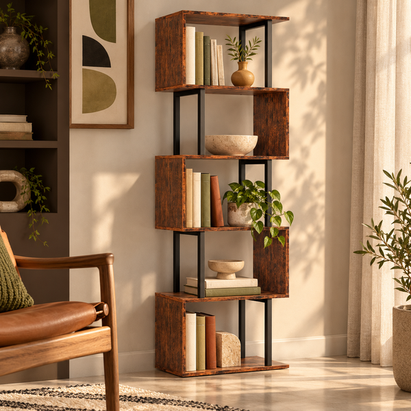 S-Curve Wood-Grain Six-Tier Bookshelf styled with books in a warm reading room