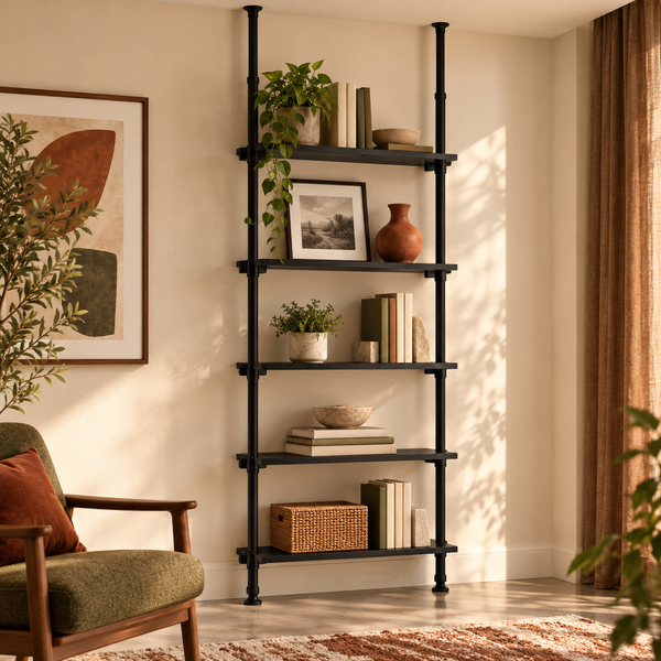 Tension-Mount Five-Tier Ladder Bookshelf styled with books in a warm reading room
