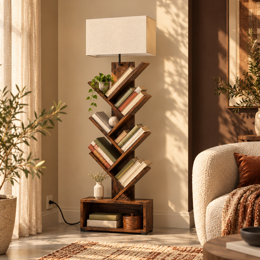Tree-Form Bookshelf with Lamp styled with books in a warm reading room