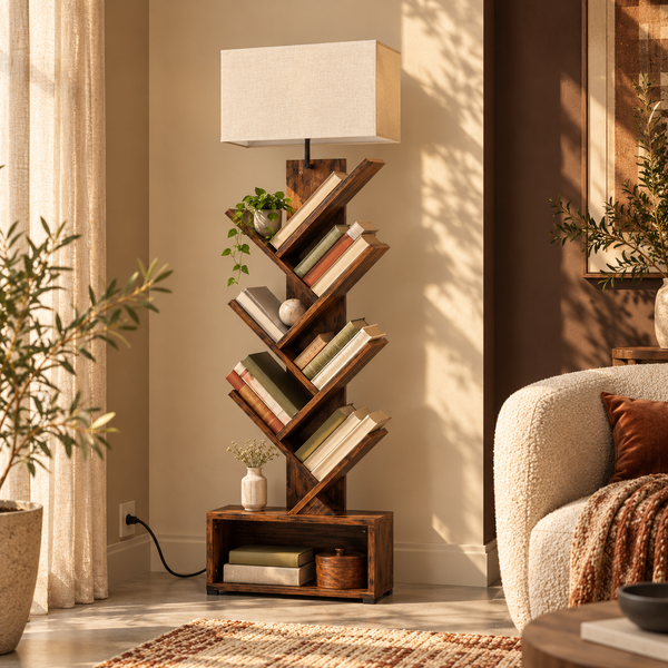 Tree-Form Bookshelf with Lamp styled with books in a warm reading room