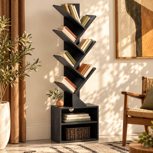 Tree-Form Six-Tier Wood-Grain Bookcase styled with books in a warm reading room
