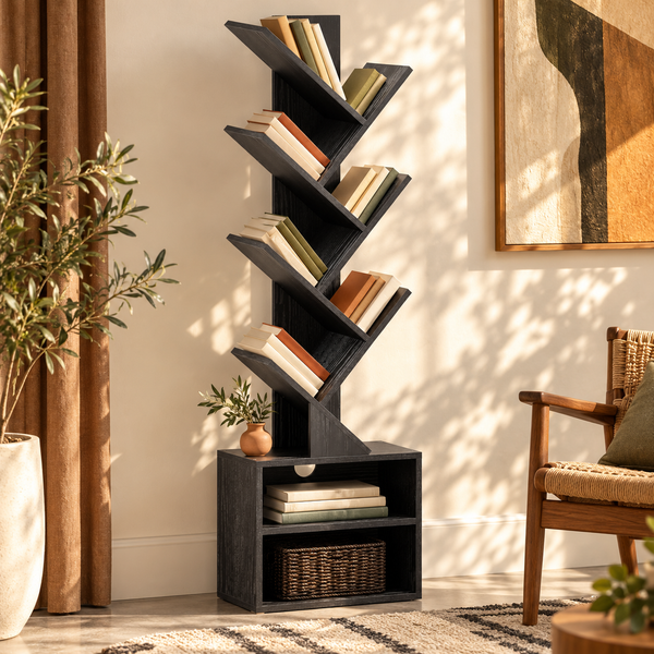 Tree-Form Six-Tier Wood-Grain Bookcase styled with books in a warm reading room