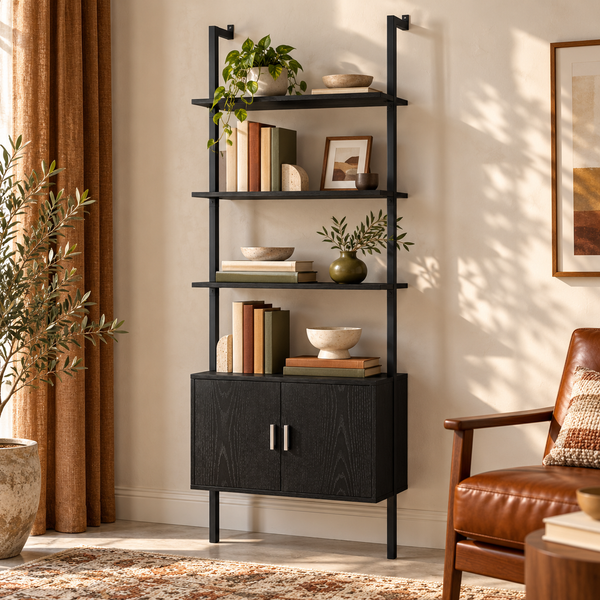 Wood-Grain Ladder Shelf with Cabinet styled with books in a warm reading room