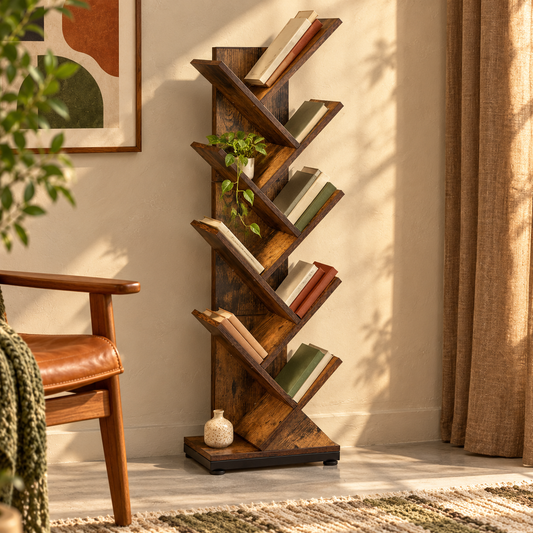 Wood-Grain MDF Tree Bookcase styled with books in a warm reading room