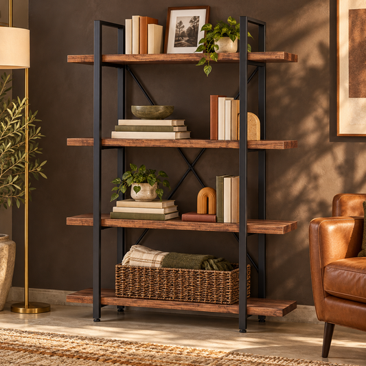 X-Brace Four-Tier Bookshelf styled with books in a warm reading room