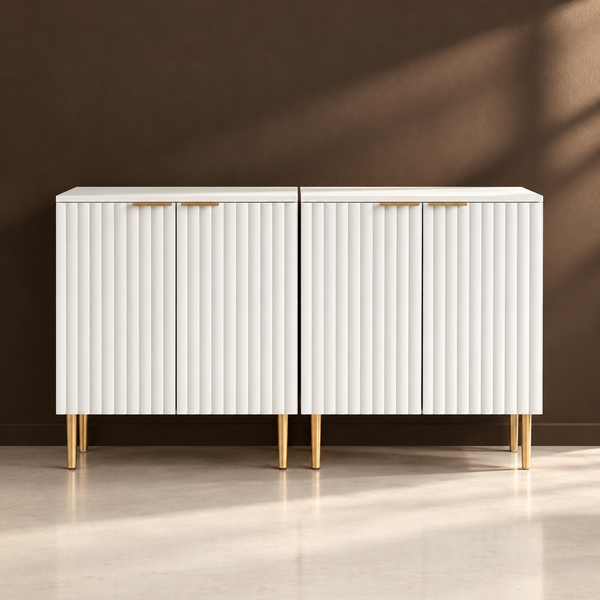 Fluted Matte White Sideboard Cabinet Set against a matte espresso wall on pale polished concrete