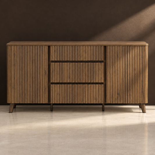 Reeded Wood-Grain Buffet Sideboard against a matte espresso wall on pale polished concrete