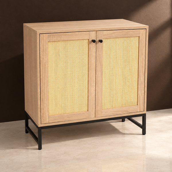 Rattan-Look Two-Door Sideboard Storage Cabinet against a matte espresso wall on pale polished concrete
