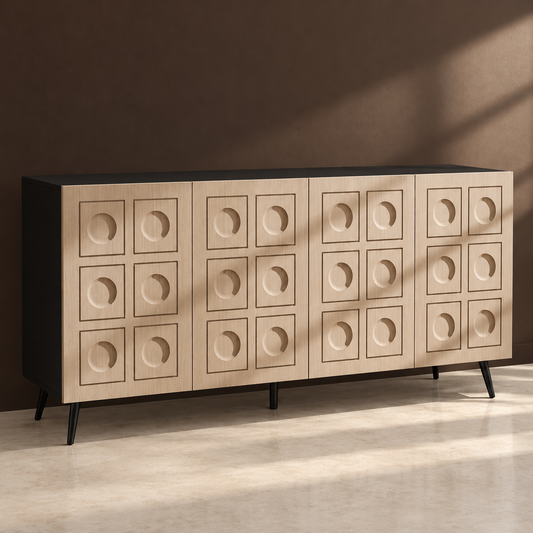63-Inch Oak & Black Fluted Sideboard Cabinet against a matte espresso wall on pale polished concrete
