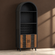 Arched Black Wood Bar Cabinet against a matte espresso wall on pale polished concrete