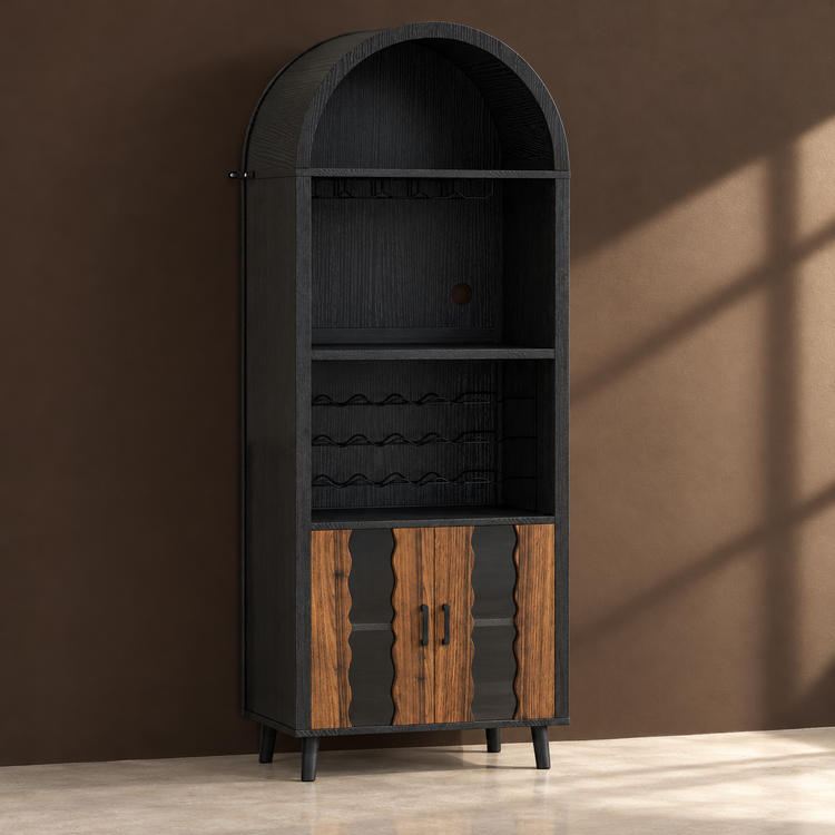 Arched Black Wood Bar Cabinet against a matte espresso wall on pale polished concrete