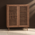 Walnut Slatted-Door Bar Cabinet with Wine Racks
