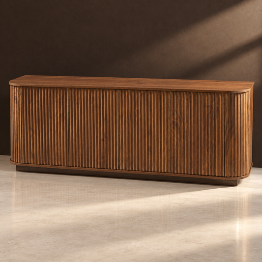 Reeded Walnut-Finish Sideboard Cabinet 64in against a matte espresso wall on pale polished concrete