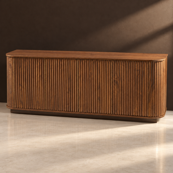 Reeded Walnut-Finish Sideboard Cabinet 64in against a matte espresso wall on pale polished concrete