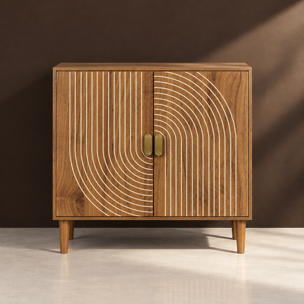 Groove Line Two-Door Accent Buffet Cabinet against a matte espresso wall on pale polished concrete