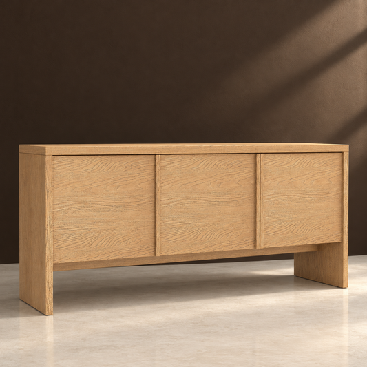 Oak Veneer Three-Door Sideboard against a matte espresso wall on pale polished concrete