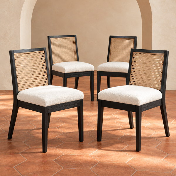 Rattan Cane Back Sherpa Dining Chair Set in a cream plaster room with terracotta hexagon flooring