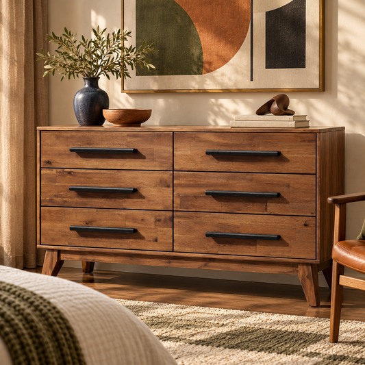 Mid-Century Wood-Grain Six-Drawer Dresser in a styled mid-century bedroom