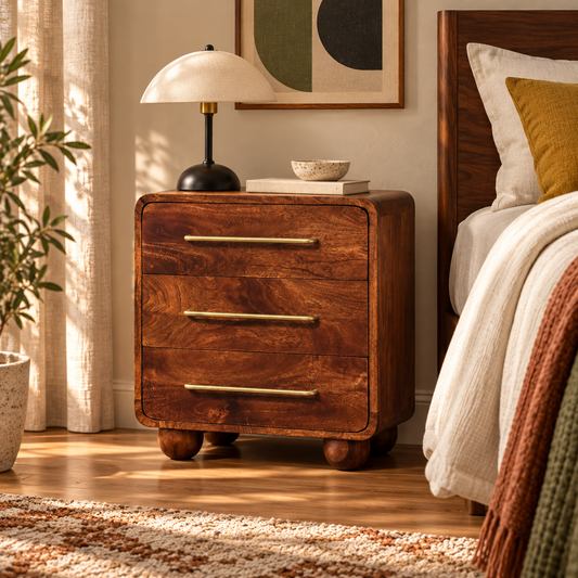 Mango Wood Three-Drawer nightstand in a styled mid-century bedroom