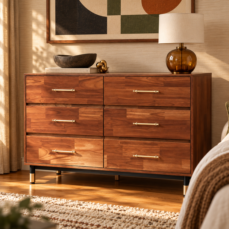 Walnut-Finish Six-Drawer Double Dresser in a styled mid-century bedroom