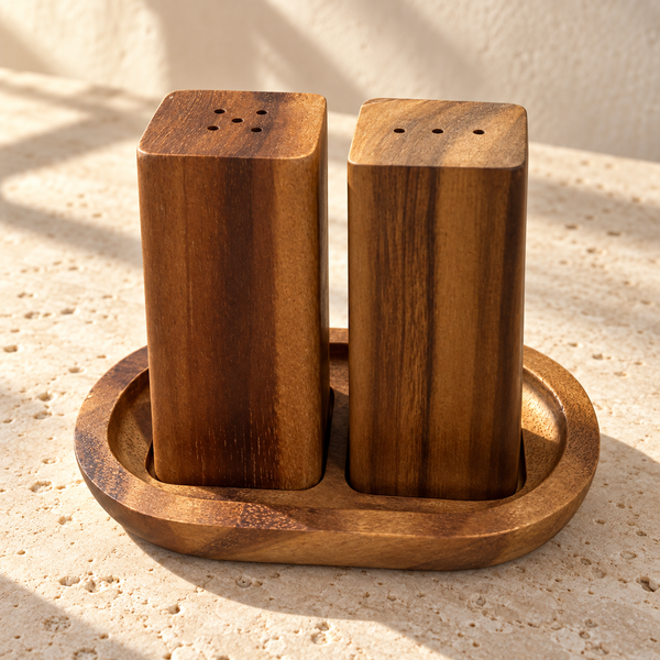 Acacia Wood Salt & Pepper Shaker Set with Base on a sunlit pale travertine counter