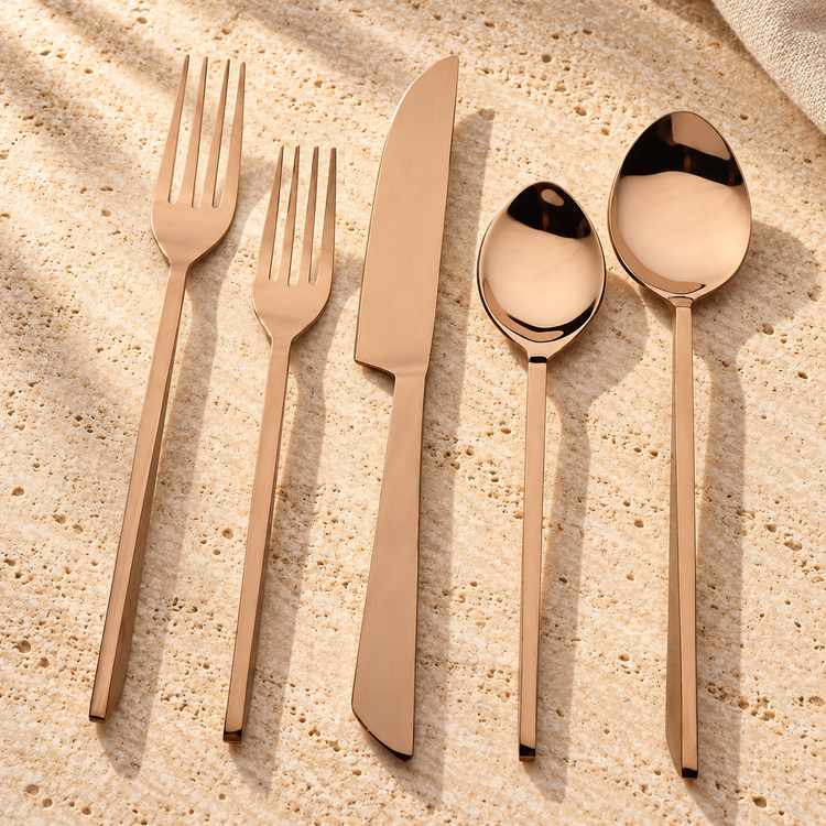 PVD Square-Handle Flatware Set on a sunlit pale travertine counter