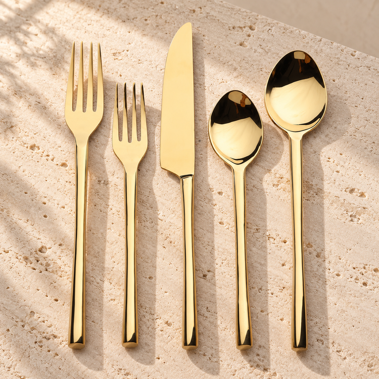 PVD-Coated Stainless Steel Flatware Set on a sunlit pale travertine counter
