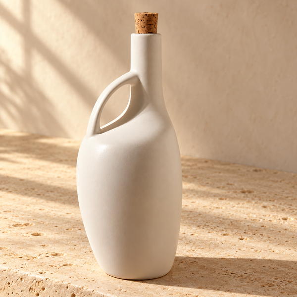 Enameled Stoneware Olive Oil Dispenser on a sunlit pale travertine counter