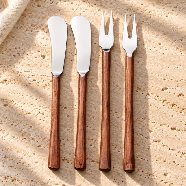 Wood-Grain Handle Cheese Tool Set on a sunlit pale travertine counter