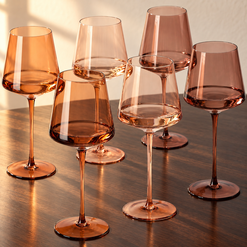 Amber-Tinted Tall Wine Glass Set empty on an espresso walnut bar top in warm side light