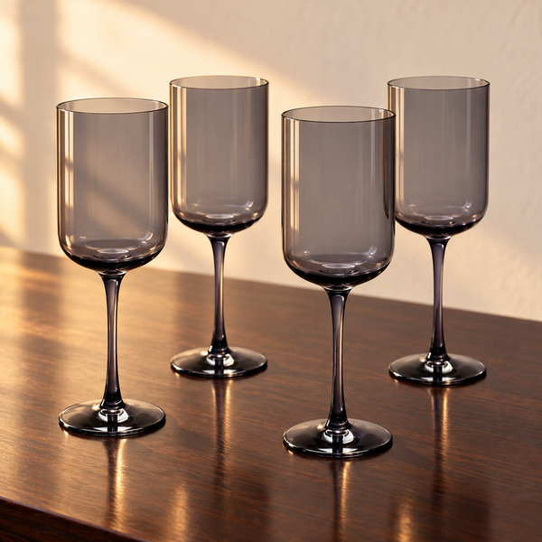 Smoky Tinted Stemmed Wine Glasses empty on an espresso walnut bar top in warm side light