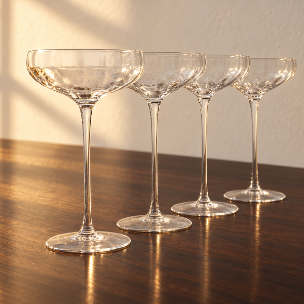 Optic-Textured Glass Coupe Set empty on an espresso walnut bar top in warm side light
