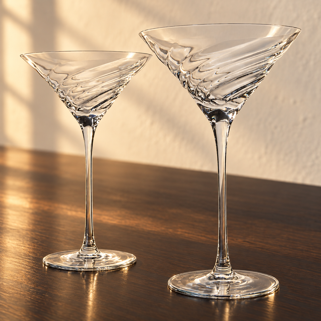 Spiral-Cut Crystal Martini Glass Set empty on an espresso walnut bar top in warm side light