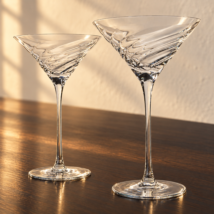 Spiral-Cut Crystal Martini Glass Set empty on an espresso walnut bar top in warm side light