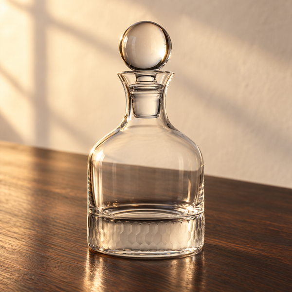 Handblown Honeycomb-Etched Spirit Decanter empty on an espresso walnut bar top in warm side light