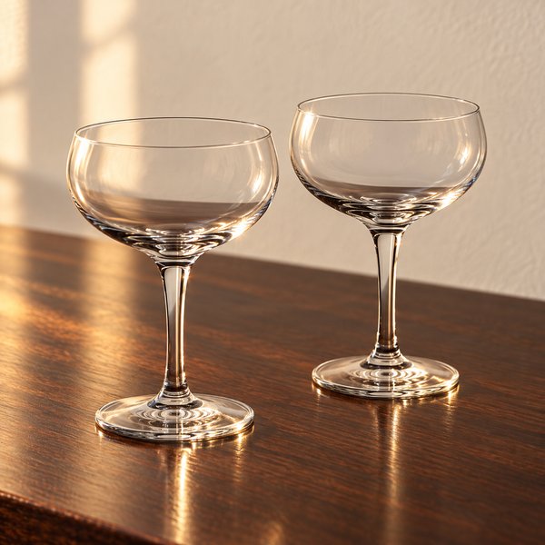 Handblown Clear Glass Coupe Set empty on an espresso walnut bar top in warm side light