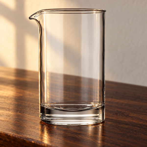 Handblown Clear Glass Mixing Glass empty on an espresso walnut bar top in warm side light