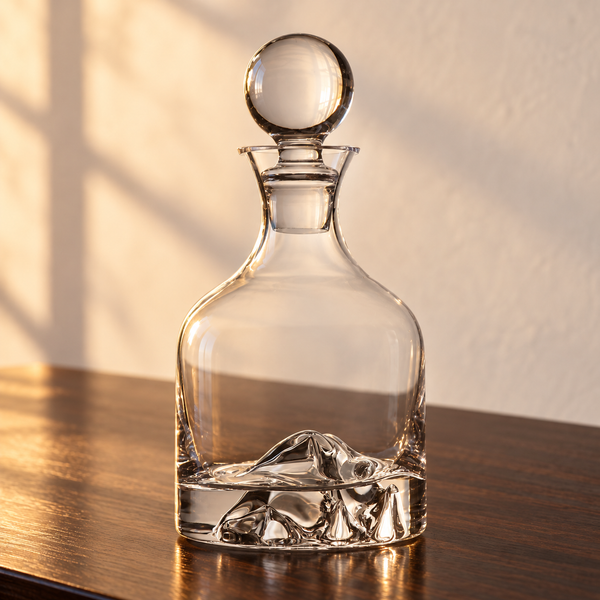 Handblown Crystal Mountain Decanter empty on an espresso walnut bar top in warm side light