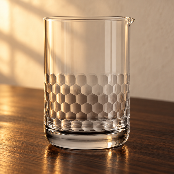 Honeycomb-Cut Handblown Mixing Glass empty on an espresso walnut bar top in warm side light