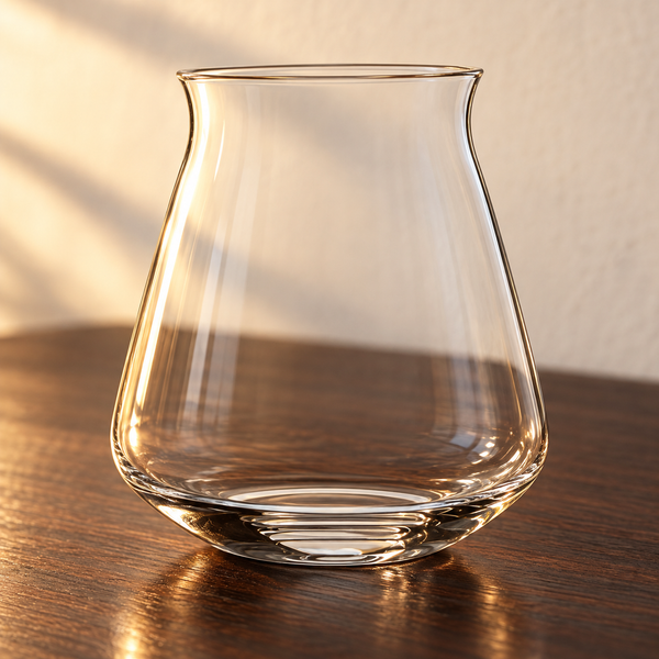 Lead-Free Crystal Tulip Tasting Glass empty on an espresso walnut bar top in warm side light