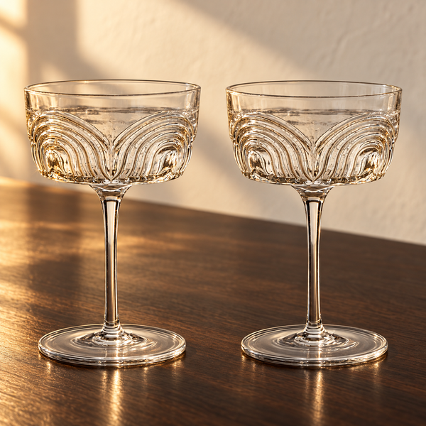 Art Deco Crystal Coupe Set empty on an espresso walnut bar top in warm side light