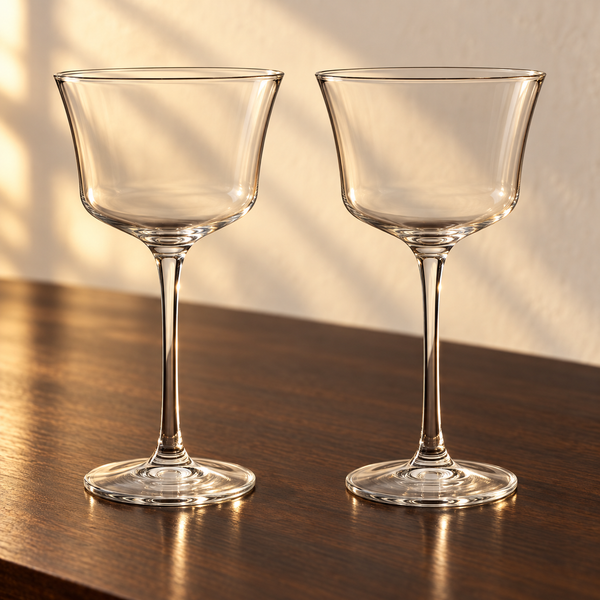Angled Crystal Cocktail Glass Set empty on an espresso walnut bar top in warm side light