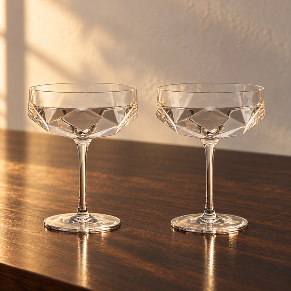 Faceted Crystal Coupe Glass Set empty on an espresso walnut bar top in warm side light