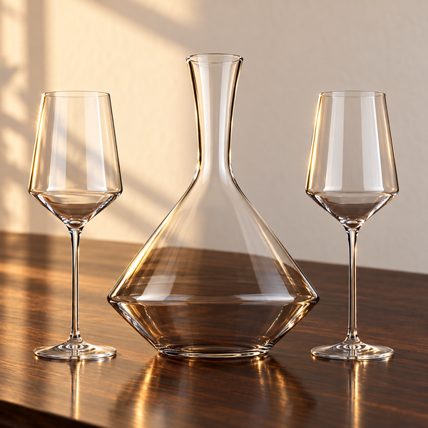 Angled Crystal Bordeaux Decanter Set empty on an espresso walnut bar top in warm side light