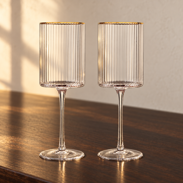 Ribbed Crystal Gold-Rim Wine Glasses empty on an espresso walnut bar top in warm side light