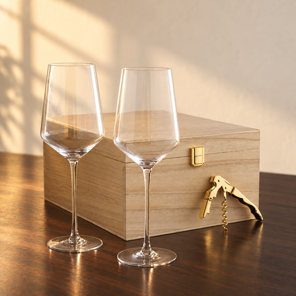 Lead-Free Crystal Wine Glass Gift Set empty on an espresso walnut bar top in warm side light