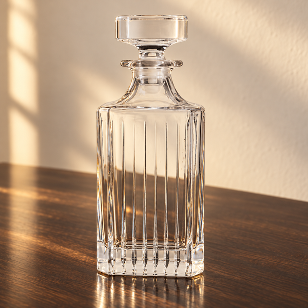 Ribbed Crystal Spirits Decanter empty on an espresso walnut bar top in warm side light