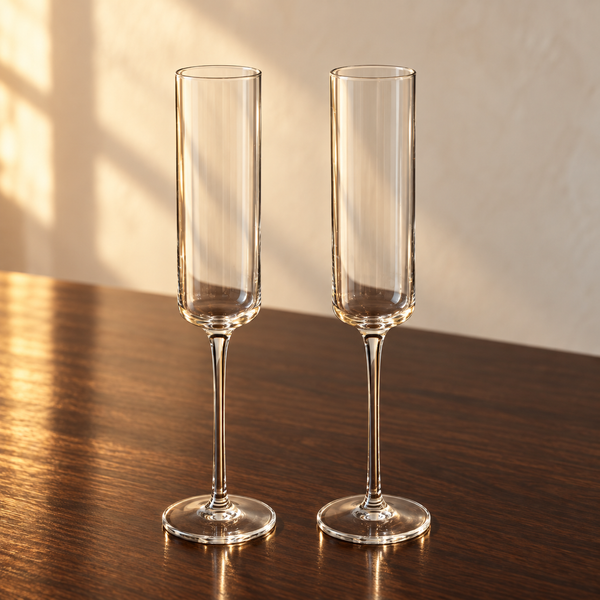 Lead-Free Crystal Champagne Flute Set empty on an espresso walnut bar top in warm side light