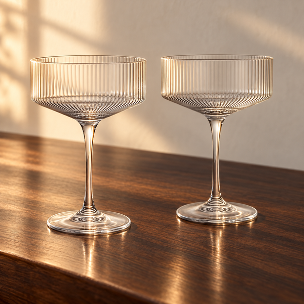 Ribbed Clear Glass Coupe Set empty on an espresso walnut bar top in warm side light