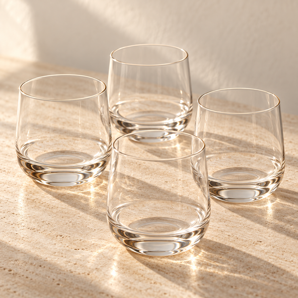 Mouth-Blown Borosilicate Tumbler Set empty on honed travertine in warm side light